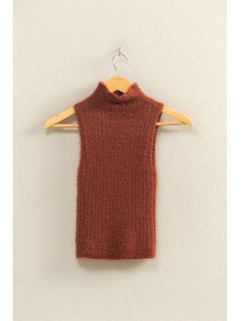 DOUBLE ZERO - Ribbed Sleeveless High Neck Knit Top CHESTNUT
