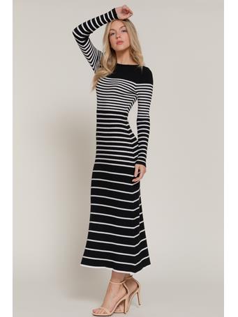 ACTIVE BASIC - Long Sleeve Boat Neck Semi A-Line Stripe Long Dress BLACK/WHITE