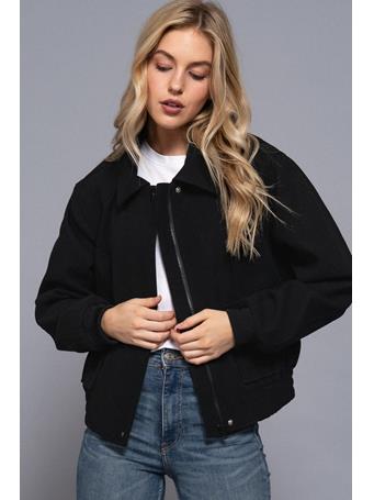 ACTIVE BASIC - Lapel Collar Soft Felt Bomber Jacket BLACK
