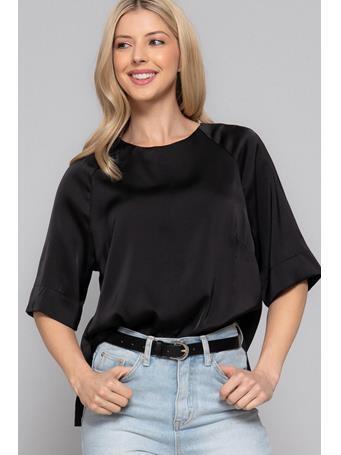 ACTIVE BASIC - Raglan Elbow Sleeve Side Slit Satin Blouse BLACK