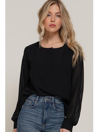 ACTIVE BASIC - Long Sleeve Round Neck Chiffon Blouse BLACK