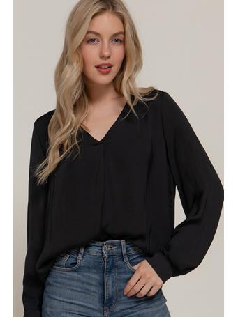 ACTIVE BASIC - Long Sleeve V-Neck Satin Blouse BLACK