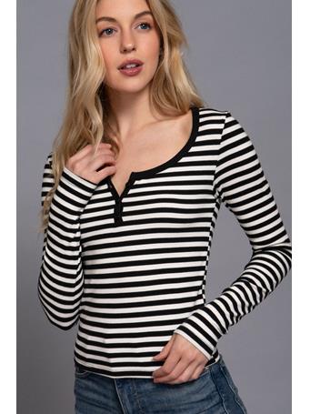 ACTIVE BASIC - Long Sleeve Henley Neck Stripe Brushed Rib Top BLACK/CREAM