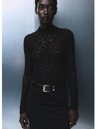 MANGO - Lace Top With Perkins Collar BLACK