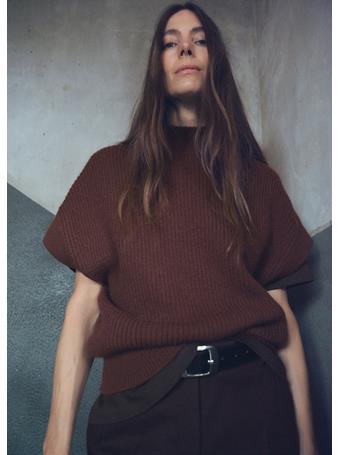 MANGO - Perkins-neck Short-sleeved Sweater DARK BROWN