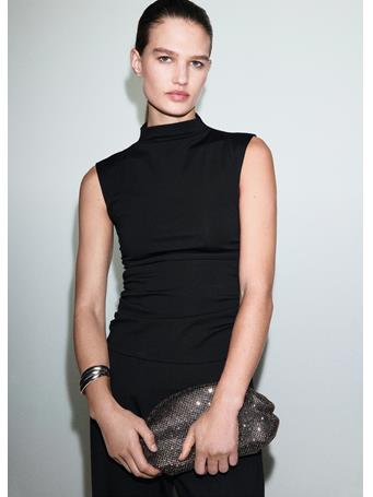 MANGO - Ruched Funnel-neck Top BLACK