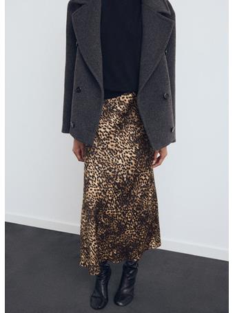 MANGO - Leopard-print Satin Skirt DARK BROWN