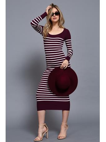 ACTIVE BASIC - Long Sleeve Round Neck Stripe Sweater Long Dress PLUM/IVORY