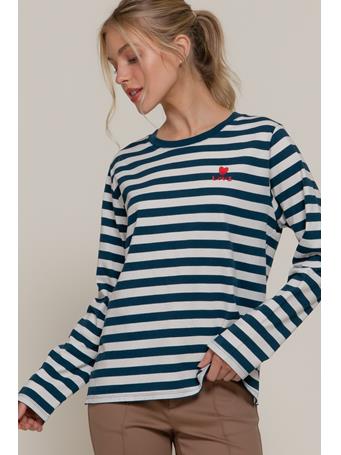 ACTIVE BASIC - Embroidery Stripe Cotton Jersey Top IVORY/TEAL