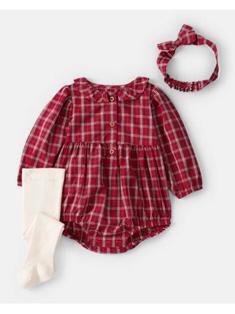 CARTERS - Baby Girl 3-Piece Plaid Print Long-Sleeve Bodysuit, Headwrap & Tights Set RED