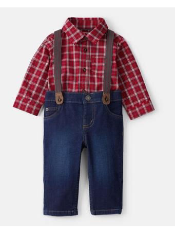 CARTERS - Baby Boy 3-Piece Plaid Print Long-Sleeve Shirt & Suspender Pant Set RED