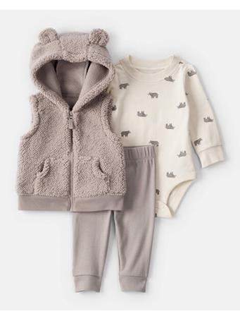 CARTERS - Baby Boy 3-Piece Bear Print Sleeveless Jacket, Bodysuit & Pant Set TAN