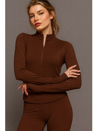 ACTIVE BASIC - Thumbhole Zipper Workout Top BROWN