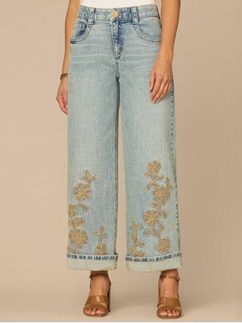 DEMOCRACY - "Ab"solution High Rise Cuffed Wide Leg Jeans with Floral Embroidery LIGHT BLUE ARTISANAL