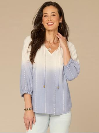 DEMOCRACY - Three Quarter Blouson Sleeve Split Neck Ombre Woven Top with Tie WHITE/BLUE