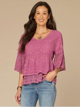 DEMOCRACY - Three Quarter Bell Sleeve Scoop Neck Peplum Embroidered Woven Top WILD MULBERRY