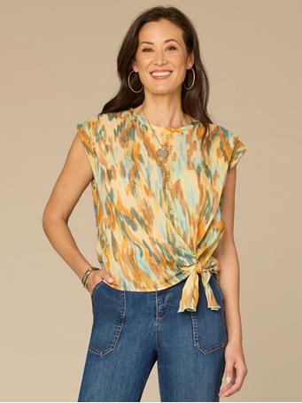DEMOCRACY - Pleated Shoulder Sleeve Scoop Neck Asymmetrical Knot Hem Woven Top AQUA HAZE MULTI