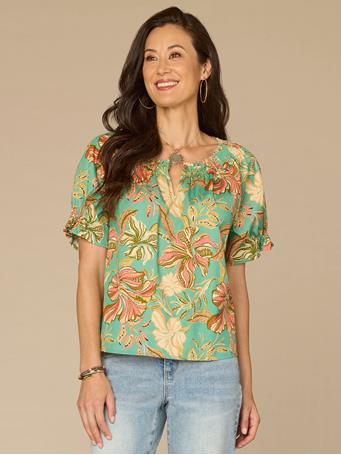 DEMOCRACY - Short Half Smock Sleeve Round Neck Floral Print Woven Top SEA GLASS MULTI