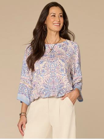 DEMOCRACY - Three Quarter Kimono Sleeve Boat Neck Bubble Hem Printed Knit Top PROVENCE BLUE MULTI