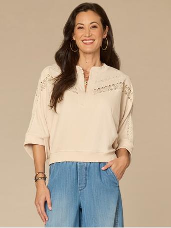 DEMOCRACY - Three Quarter Dolman Sleeve Mandarin Collar Embroidered Knit Top BIRCH
