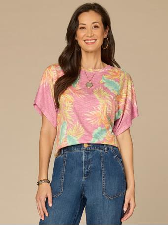 DEMOCRACY - Short Dolman Sleeve Scallop Scoop Neck Placement Print Knit Top WILD MULBERRY MULTI