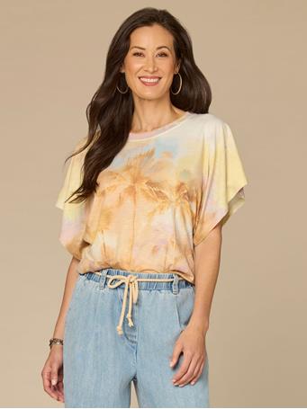 DEMOCRACY - Short Dolman Sleeve Embroidered Scoop Neck Placement Print Knit Top HONEY MULT