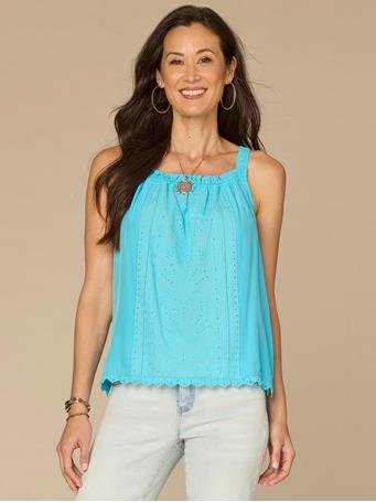 DEMOCRACY - Ruched Square Neck Embroidered Front Scallop Edge Woven Tank Top CARIBBEAN BLUE