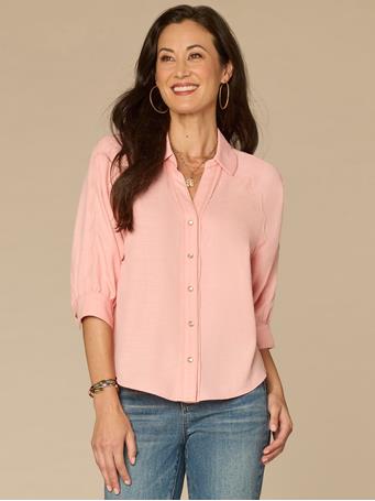 DEMOCRACY - Below Elbow V-Neck Snap Front Woven Shirt with Scallop Edge Detail SANDY PEACH
