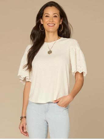DEMOCRACY - Embroidered Elbow Puff Sleeve Scoop Neck Mixed Media Knit Top OFF WHITE