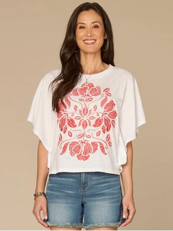DEMOCRACY - Elbow Sleeve Scoop Neck Embroidered Knit Poncho OFF WHITE/LOBSTER