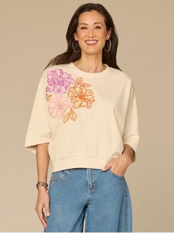 DEMOCRACY - Three Quarter Dolman Sleeve Scoop Neck Floral Embroidered Knit Top HEATHER OATMEAL MULTI
