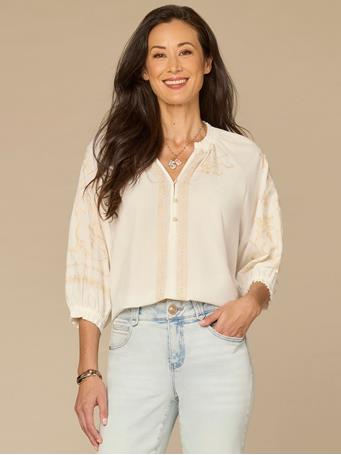 DEMOCRACY - Blouson Sleeve Ruffle Neck Floral Placket Mixed Media Woven Top OFF WHITE/NATURAL