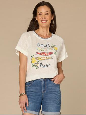 DEMOCRACY - Short Sleeve Embroidered Scoop Neck Screen Print Knit Boyfriend Tee OFF WHITE MULTI