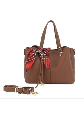 DS HANDBAGS - Triple Compartment Satchel With Scarf And Charm Detail BROWN