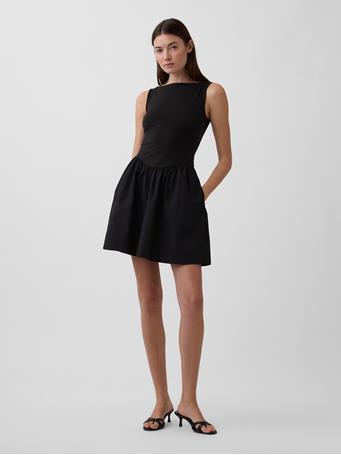 GAP - Mixed Media Drop-Waist Mini Dress TRUE BLACK V2