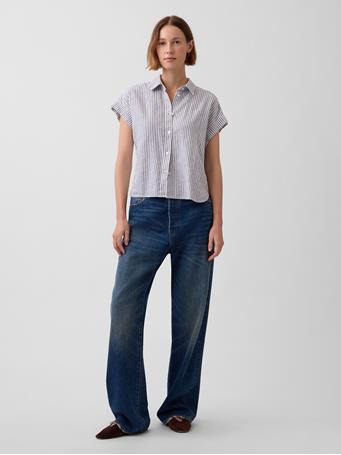 GAP - Linen-Blend Oversized Shirt BLUE WHITE STRIPE