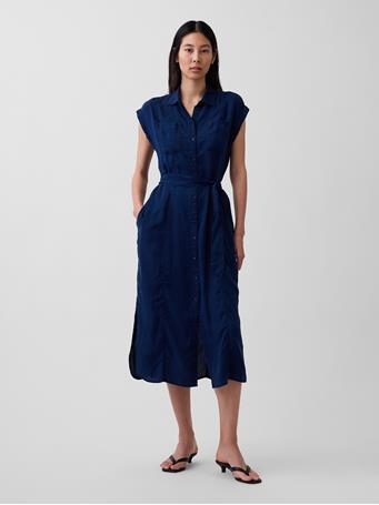 GAP - Denim Tie-Waist Utility Midi Dress DARK WASH