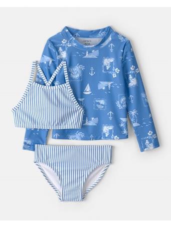 CARTERS - Toddler Girl 3-Piece Sailboat Long-Sleeve Rashguard Swimsuit Set BLUE
