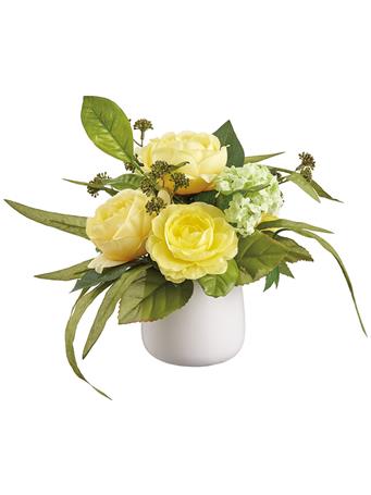 ALL STATE FLORAL - 10" Cabbage Rose & Snowball Silk Flower Arrangement with Ceramic Vase YELLOW
