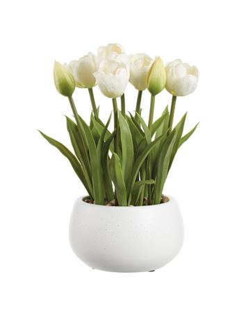 ALL STATE FLORAL - 11" Tulip Silk Flower Arrangement with Ceramic Vase WHITE