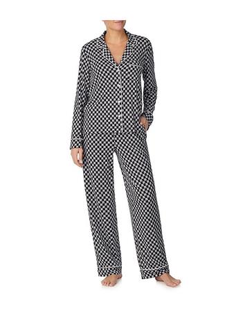 DKNY - Long Sleeve Notch Collar Jersey Knit Check Print Long Pajama Set WHTBLACK