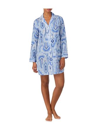 RALPH LAUREN - Long Sleeve Notch Collar Woven Paisley Sleepshirt BLUE PAIS
