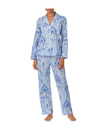 RALPH LAUREN - Woven Lawn Paisley Print Long Sleeve Notch Collar Long Pajama Set BLUE PAIS