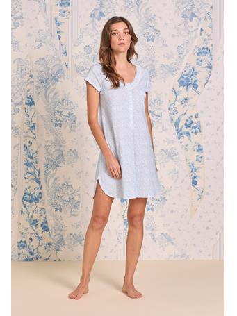 EILEEN WEST - Aqua Petals Cotton Knit Nightshirt WHT/BLUE