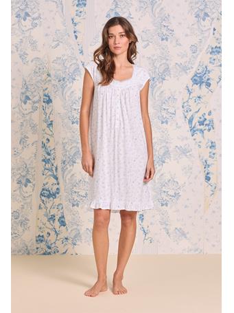 EILEEN WEST - White Meadow Cotton Knit Cap Sleeve Waltz Nightgown WHT/BLUE