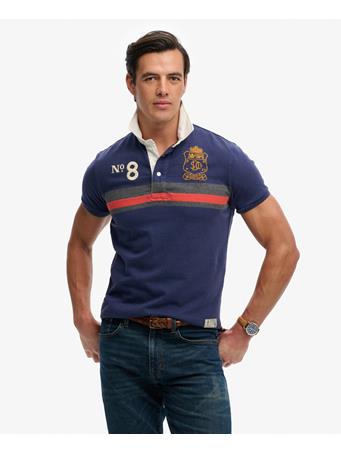 SUPERDRY - Double Emblem Jersey Short Sleeve Rugby Polo Top NAVY/ORANGE STRIPE