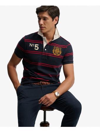 SUPERDRY - Double Emblem Jersey Short Sleeve Rugby Polo Top NAVY/RED CHEST BAND STRIPE