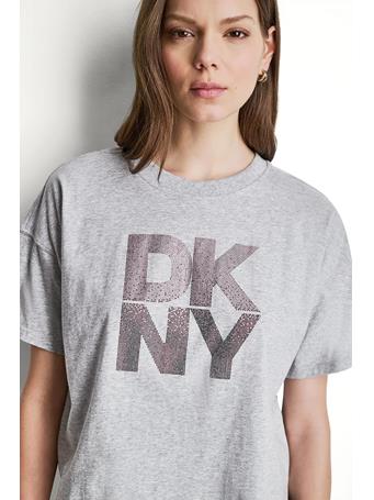 DKNY - Stacked Ombre Rhinestone Logo Tee Pearl Grey Heather/Rose Beet
