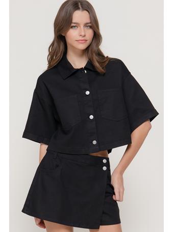 ACTIVE BASIC - Short Sleeve Stretch Cotton Twill Boxy Jacket BLACK