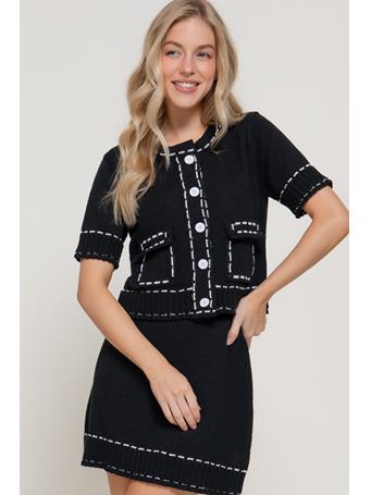 ACTIVE BASIC - Short Sleeve Stitched Sweater Cardigan BLACK/WHITE